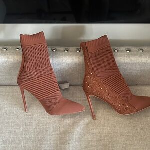 Rouge! Rust Knit Stiletto Ankle Boots with Embellishment